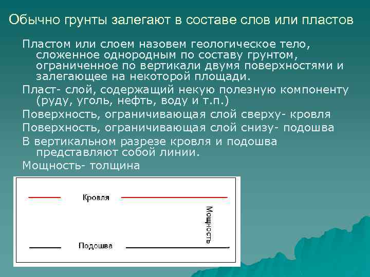 Обычно грунты залегают в составе слов или пластов Пластом или слоем назовем геологическое тело,