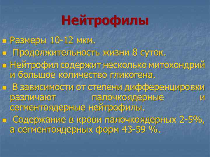 Нейтрофилы n n n Размеры 10 -12 мкм. Продолжительность жизни 8 суток. Нейтрофил содержит