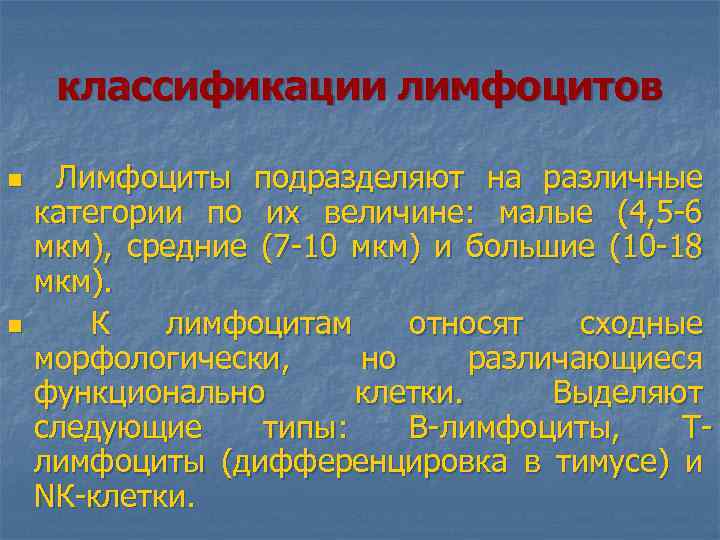 классификации лимфоцитов n n Лимфоциты подразделяют на различные категории по их величине: малые (4,