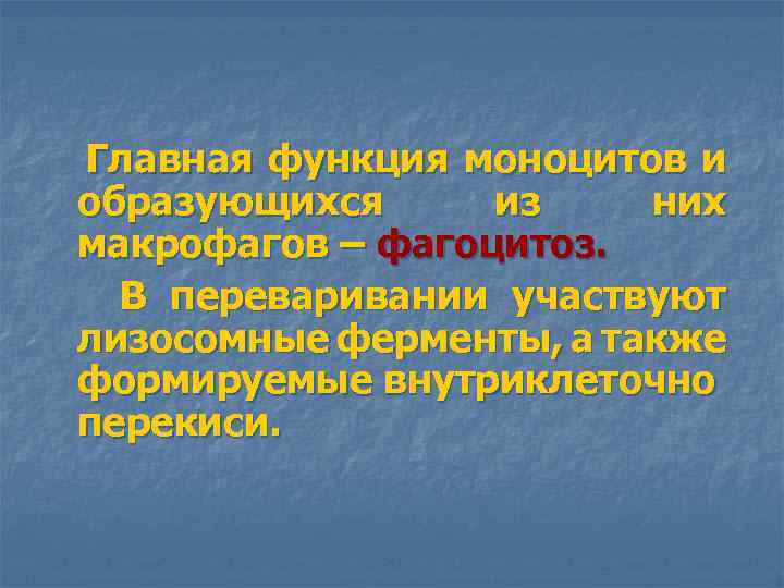 Главная функция моноцитов и образующихся из них макрофагов – фагоцитоз. В переваривании участвуют лизосомные