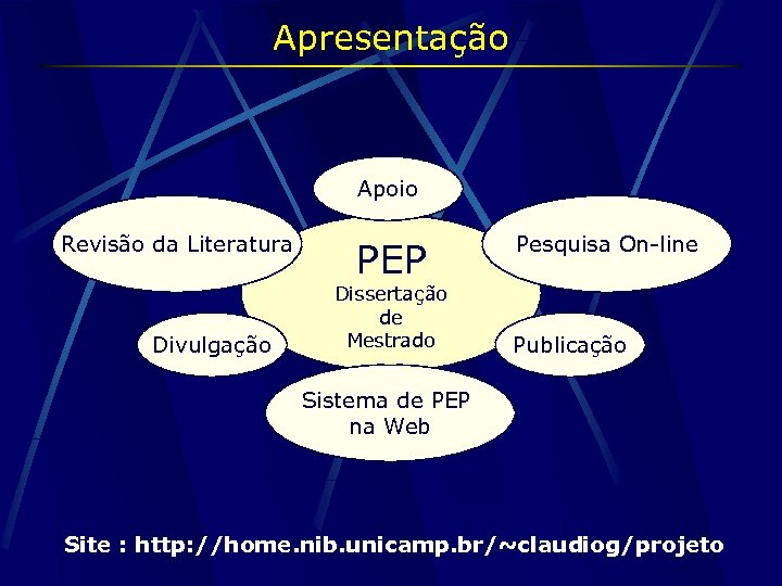Apresentação Apoio Revisão da Literatura Divulgação PEP Dissertação de Mestrado Pesquisa On-line Publicação Sistema