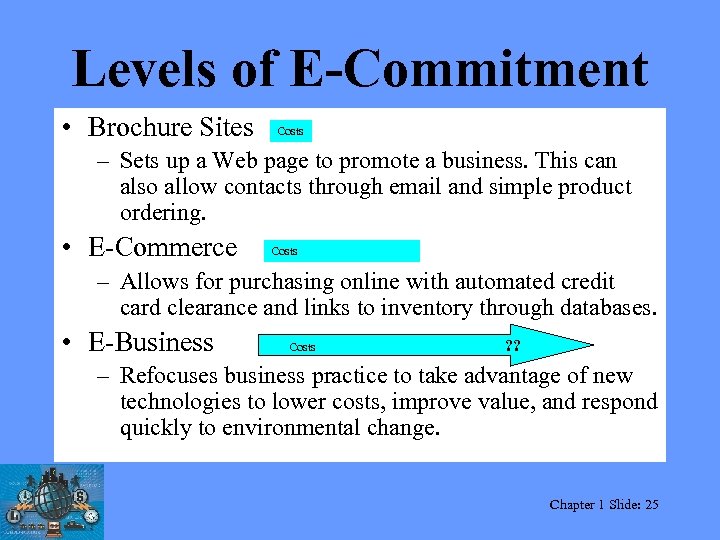 Levels of E-Commitment • Brochure Sites Costs – Sets up a Web page to