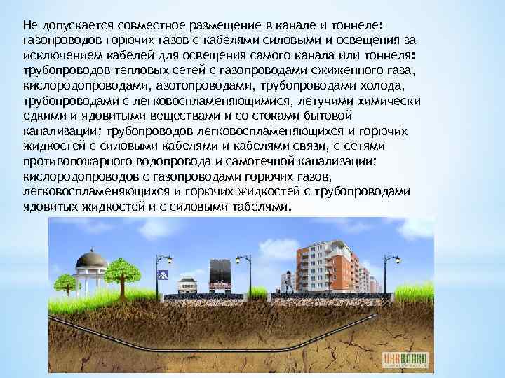 Не допускается совместное размещение в канале и тоннеле: газопроводов горючих газов с кабелями силовыми