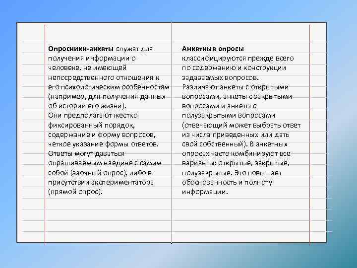 Опросники-анкеты служат для получения информации о человеке, не имеющей непосредственного отношения к его психологическим