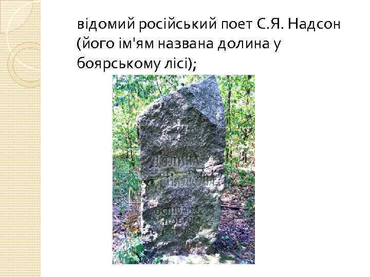 відомий російський поет С. Я. Надсон (його ім'ям названа долина у боярському лісі); 