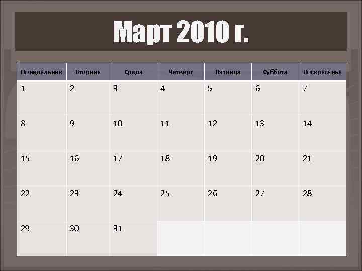 Март 2010 г. Понедельник Вторник Среда Четверг Пятница Суббота Воскресенье 1 2 3 4