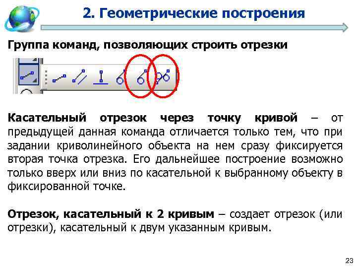 2. Геометрические построения Группа команд, позволяющих строить отрезки Касательный отрезок через точку кривой –