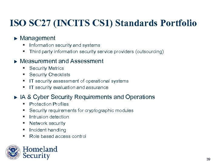 ISO SC 27 (INCITS CS 1) Standards Portfolio Management § Information security and systems