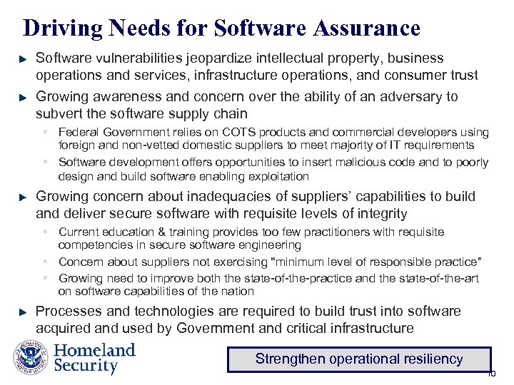 Driving Needs for Software Assurance Software vulnerabilities jeopardize intellectual property, business operations and services,