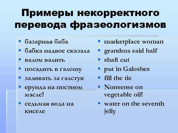 Примеры некорректного перевода фразеологизмов § § § базарная баба бабка надвое сказала валом валить