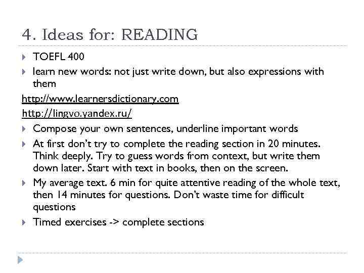 4. Ideas for: READING TOEFL 400 learn new words: not just write down, but