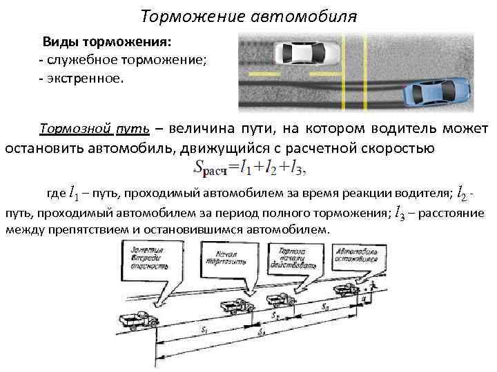 Торможение автомобиля Виды торможения: - служебное торможение; - экстренное. Тормозной путь – величина пути,