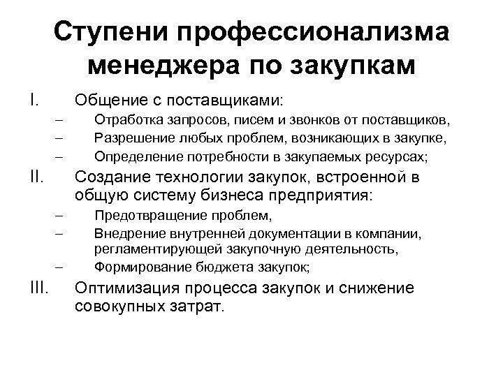 Ступени профессионализма менеджера по закупкам I. Общение с поставщиками: – – – II. Создание