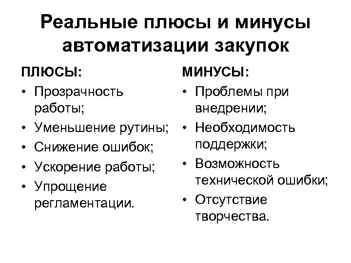 Реальные плюсы и минусы автоматизации закупок ПЛЮСЫ: • Прозрачность работы; • Уменьшение рутины; •