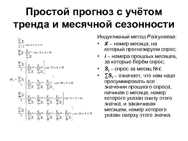 Простой прогноз с учётом тренда и месячной сезонности Индуктивный метод Разгуляева: • X –