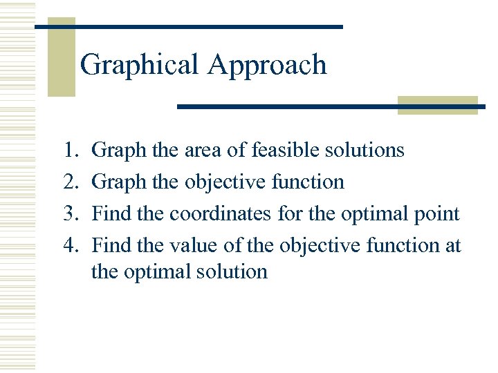 Graphical Approach 1. 2. 3. 4. Graph the area of feasible solutions Graph the