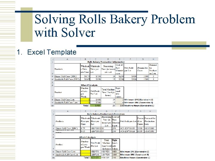 Solving Rolls Bakery Problem with Solver 1. Excel Template 