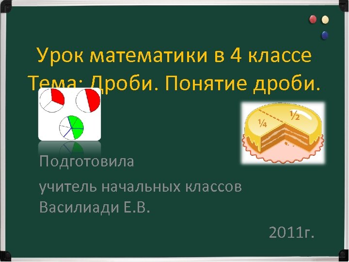 Урок математики в 4 классе Тема: Дроби. Понятие дроби. Подготовила учитель начальных классов Василиади