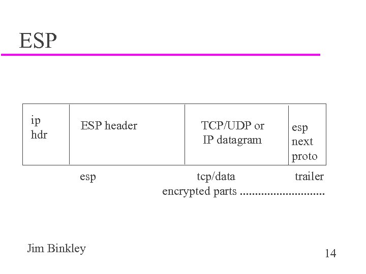 ESP ip hdr ESP header esp Jim Binkley TCP/UDP or IP datagram esp next