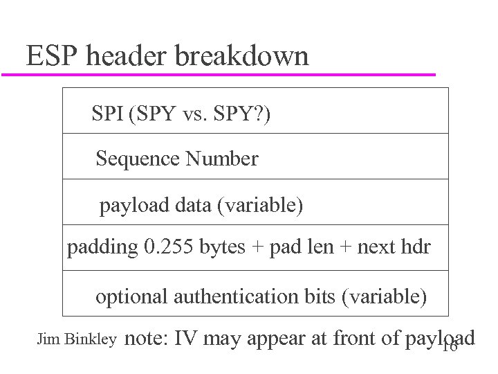 ESP header breakdown SPI (SPY vs. SPY? ) Sequence Number payload data (variable) padding