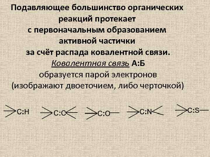 Подавляющее большинство органических реакций протекает с первоначальным образованием активной частички за счёт распада ковалентной