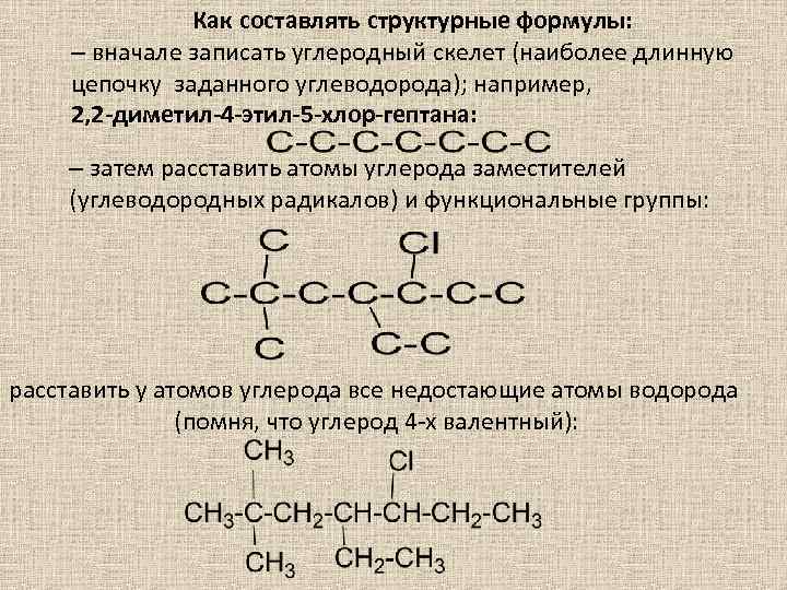 Как составлять структурные формулы: – вначале записать углеродный скелет (наиболее длинную цепочку заданного углеводорода);