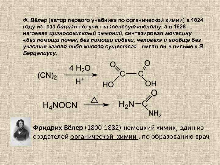 Ф. Вёлер (автор первого учебника по органической химии) в 1824 году из газа дициан