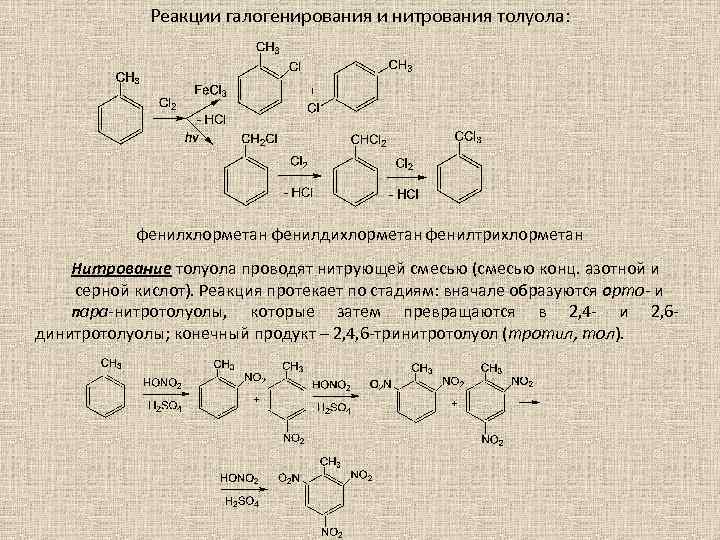 Реакции галогенирования и нитрования толуола: фенилхлорметан фенилдихлорметан фенилтрихлорметан Нитрование толуола проводят нитрующей смесью (смесью