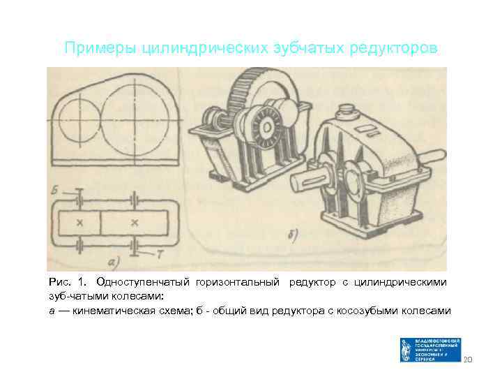 Примеры цилиндрических зубчатых редукторов Рис. 1. Одноступенчатый горизонтальный редуктор с цилиндрическими зуб чатыми колесами: