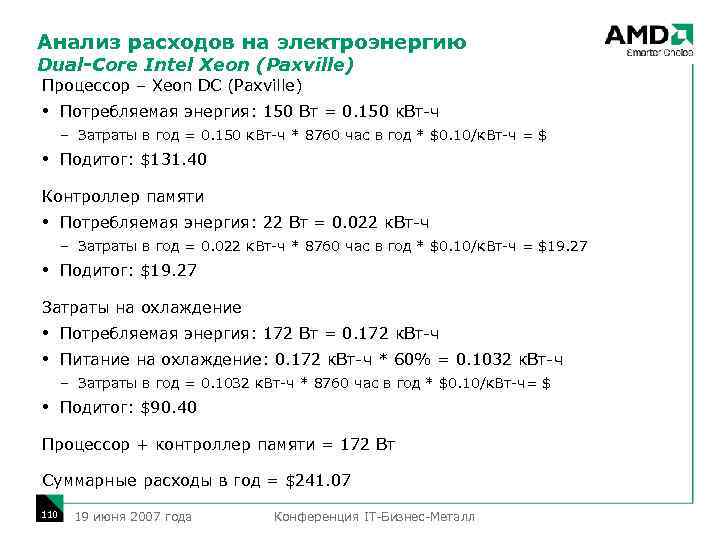 Анализ расходов на электроэнергию Dual-Core Intel Xeon (Paxville) Процессор – Xeon DC (Paxville) Потребляемая