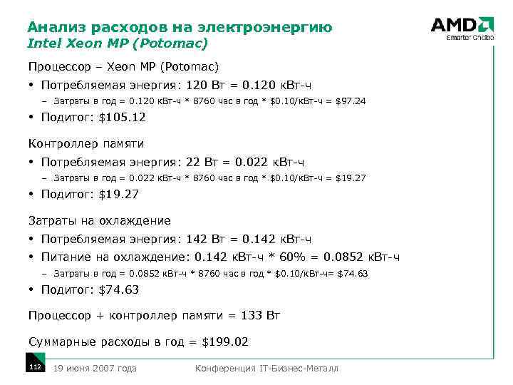 Анализ расходов на электроэнергию Intel Xeon MP (Potomac) Процессор – Xeon MP (Potomac) Потребляемая