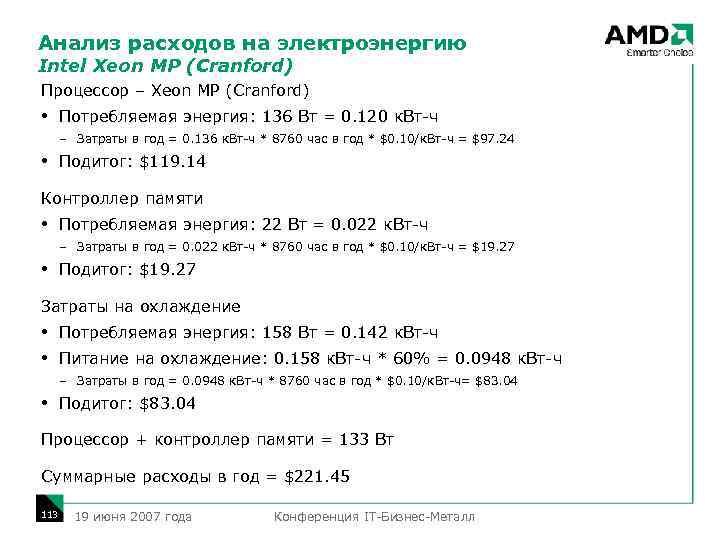 Анализ расходов на электроэнергию Intel Xeon MP (Cranford) Процессор – Xeon MP (Cranford) Потребляемая