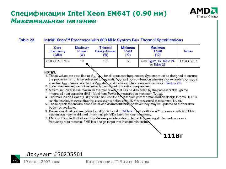 Спецификации Intel Xeon EM 64 T (0. 90 нм) Максимальное питание 111 Вт Документ