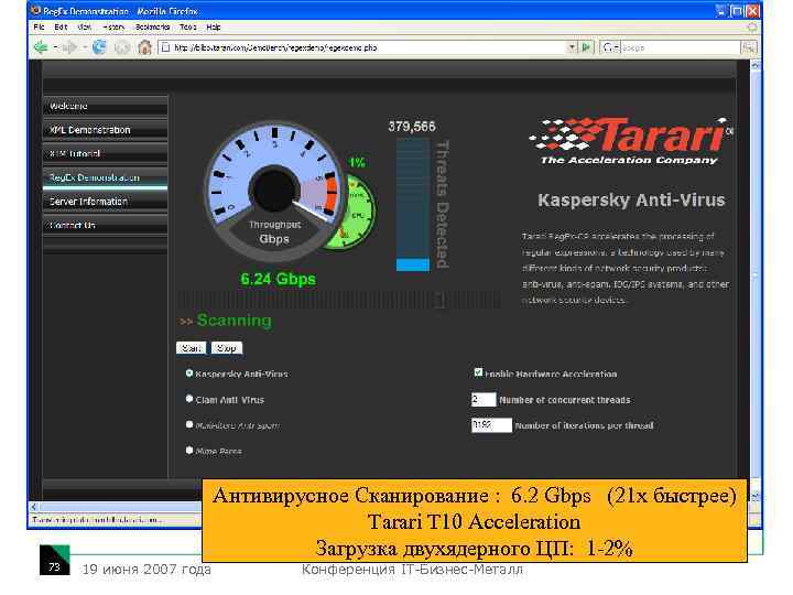 Антивирусное Сканирование : 6. 2 Gbps (21 х быстрее) Tarari T 10 Acceleration Загрузка