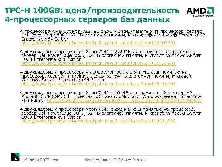 TPC-H 100 GB: цена/производительность 4 -процессорных серверов баз данных 4 процессора AMD Opteron 8220