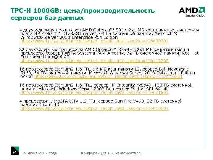 TPC-H 1000 GB: цена/производительность серверов баз данных 4 двухъядерных процессора AMD Opteron™ 880 с