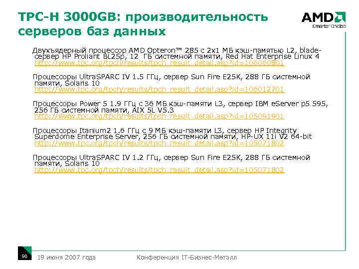 TPC-H 3000 GB: производительность серверов баз данных Двухъядерный процессор AMD Opteron™ 285 с 2