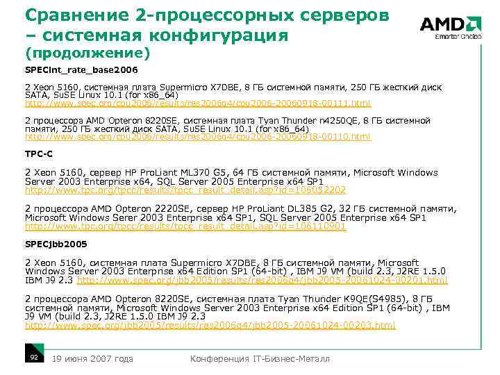 Сравнение 2 -процессорных серверов – системная конфигурация (продолжение) SPECint_rate_base 2006 2 Xeon 5160, системная
