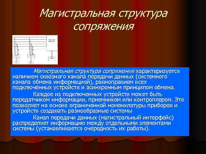 Магистральная структура сопряжения характеризуется наличием сквозного канала передачи данных (системного канала обмена информацией), равноправием