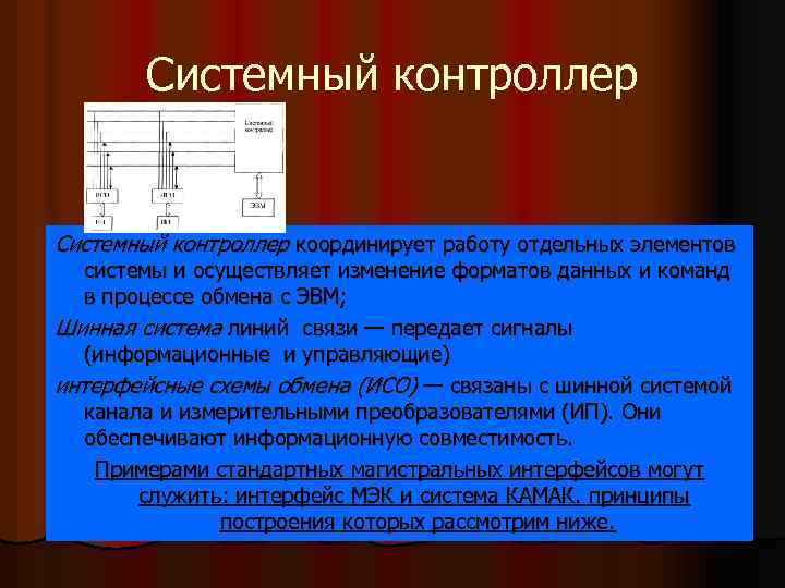 Системный контроллер координирует работу отдельных элементов системы и осуществляет изменение форматов данных и команд