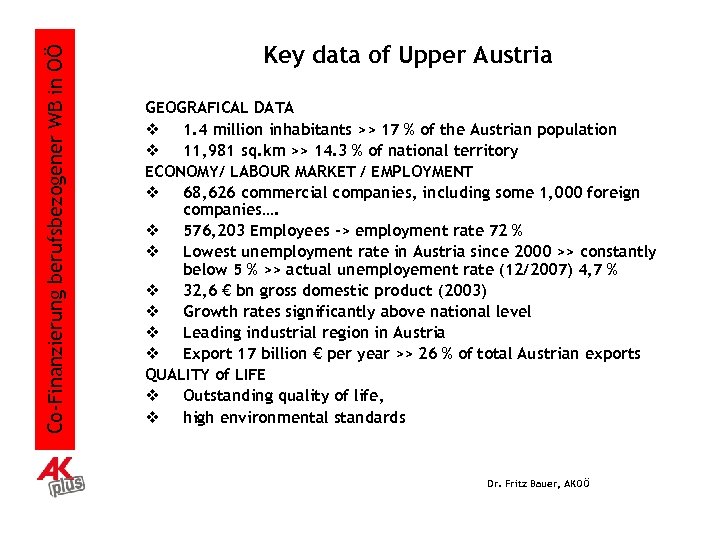 Co-Finanzierung berufsbezogener WB in OÖ Key data of Upper Austria GEOGRAFICAL DATA v 1.