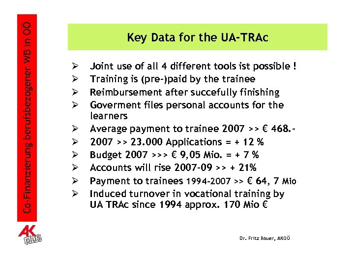Co-Finanzierung berufsbezogener WB in OÖ Key Data for the UA-TRAc Ø Ø Ø Ø