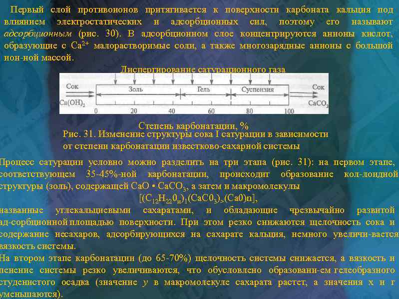 Первый слой противоионов притягивается к поверхности карбоната кальция под влиянием электростатических и адсорбционных сил,