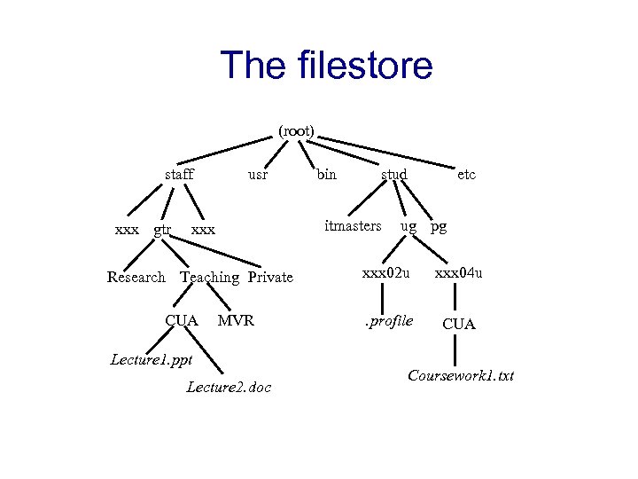 The filestore (root) staff xxx gtr usr stud itmasters xxx Research Teaching Private CUA