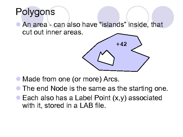 Polygons l An area - can also have “islands” inside, that cut out inner