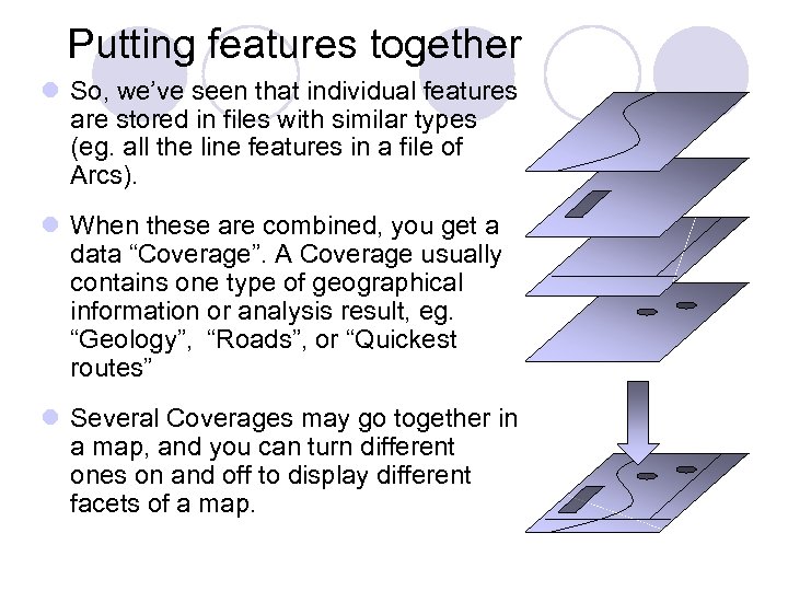 Putting features together l So, we’ve seen that individual features are stored in files