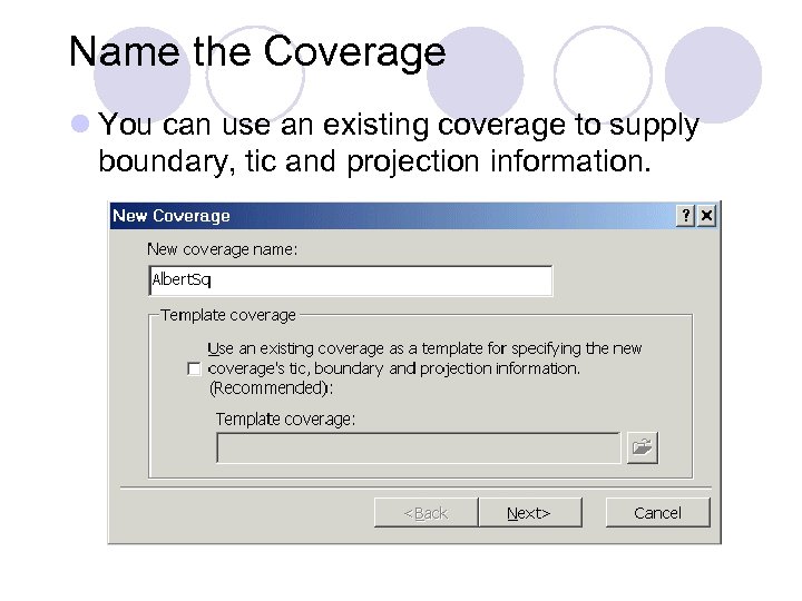 Name the Coverage l You can use an existing coverage to supply boundary, tic