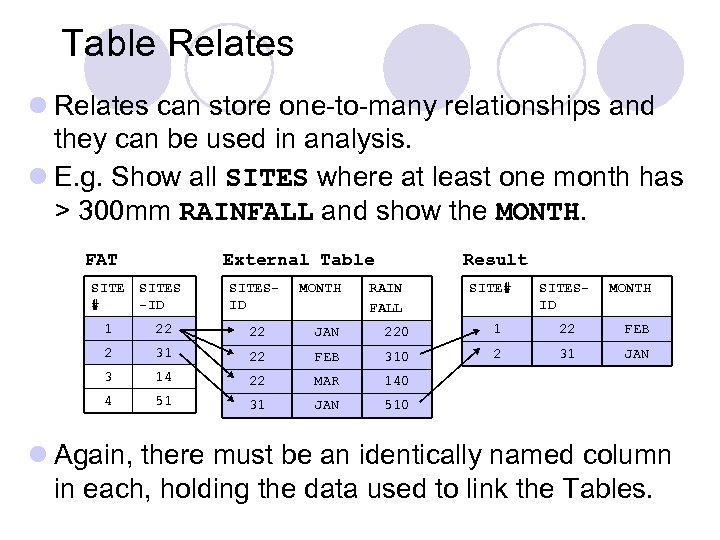 Table Relates l Relates can store one-to-many relationships and they can be used in