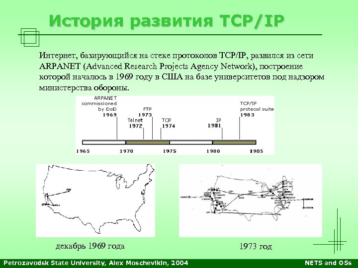 История развития TCP/IP Интернет, базирующийся на стеке протоколов TCP/IP, развился из сети ARPANET (Advanced