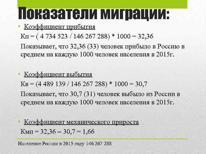 Показатели миграции: • Коэффициент прибытия Кп = ( 4 734 523 / 146 267